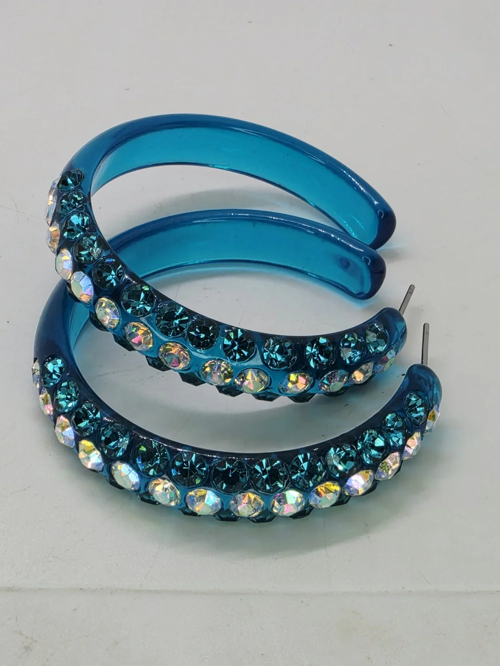 Vintage Y2k Teal Blue Lucite AB Rhinestone Crusted Cluster Hoop Pierced Earrings
